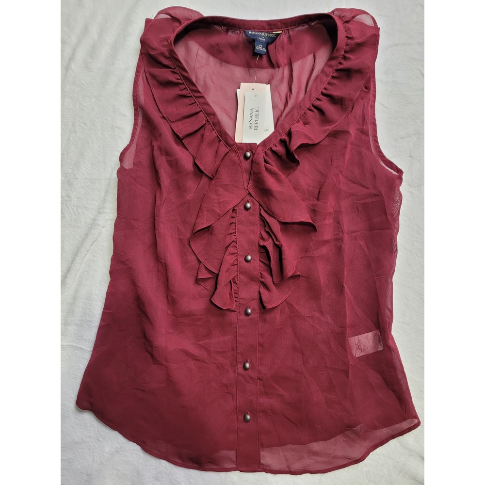 Nwt Banana Republic Ruffle Blouse Womens PS Burgundy Chiffon Sleeveless V-Neck